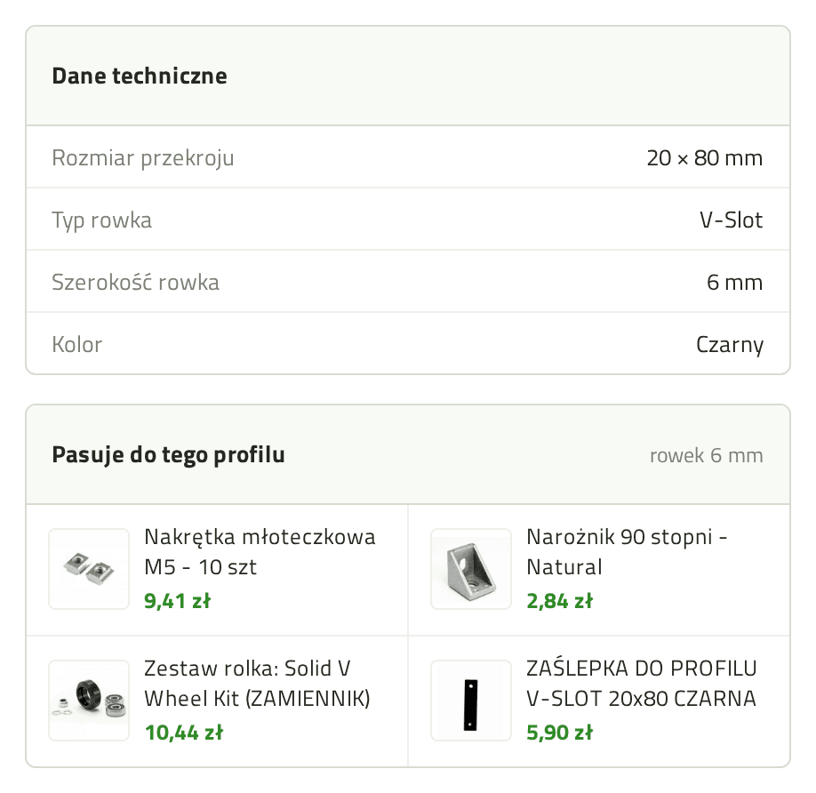 Kolumna pod galerią: tabela z rozmiarem przekroju 20 na 80 mm, typem rowka V-Slot, szerokością rowka 6 mm i kolorem, a pod nią moduł Pasuje do tego profilu z czterema akcesoriami i ich cenami