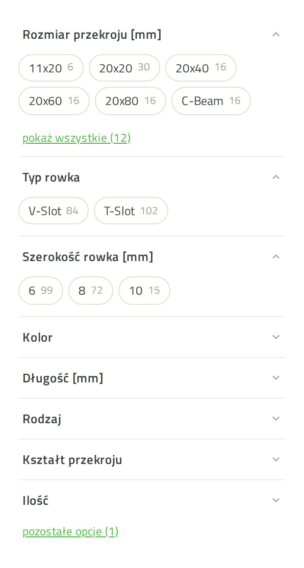 Filtry kategorii w formie pigułek z liczbą produktów: rozmiar przekroju, typ rowka V-Slot i T-Slot, szerokość rowka 6, 8 i 10 mm, poniżej zwinięte grupy i odnośnik pozostałe opcje