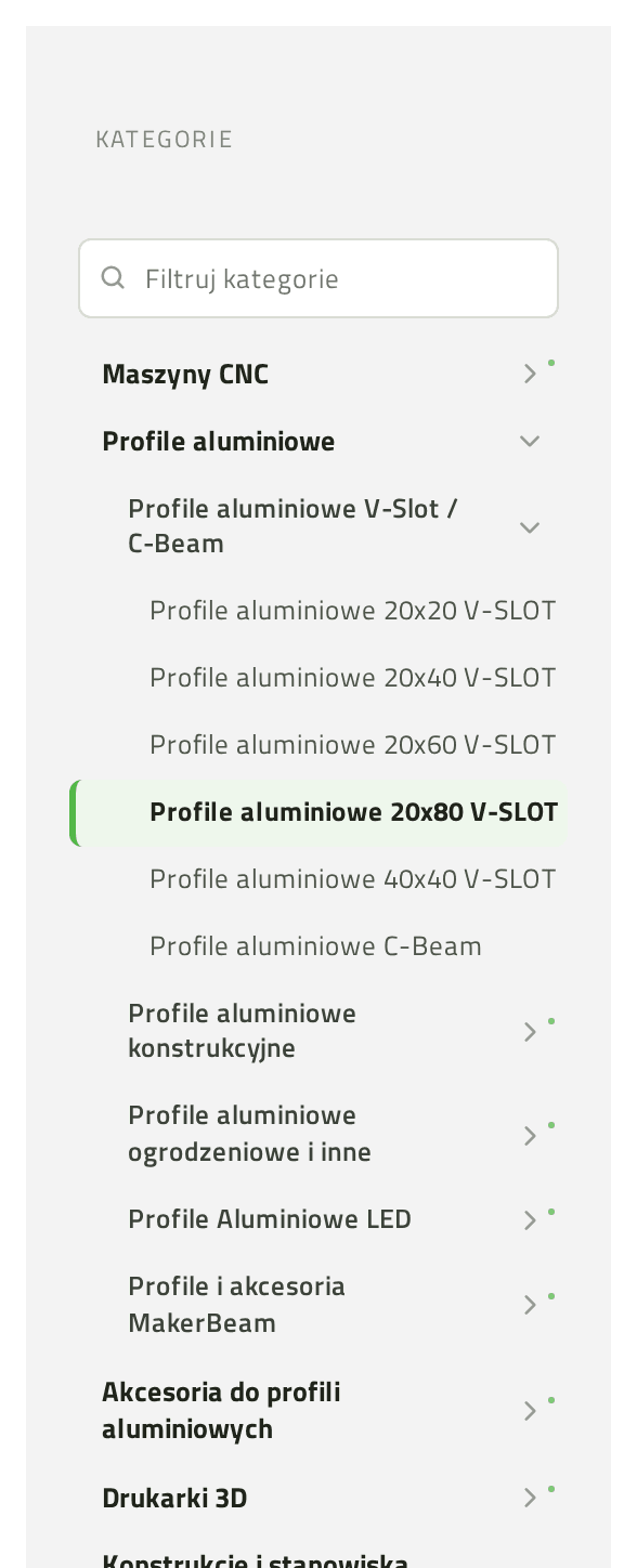 Boczne menu kategorii z polem filtrowania: rozwinięta gałąź profili aluminiowych, aktywna kategoria 20x80 V-SLOT wyróżniona zielonym paskiem, kolejne poziomy zapisane coraz cieńszym krojem
