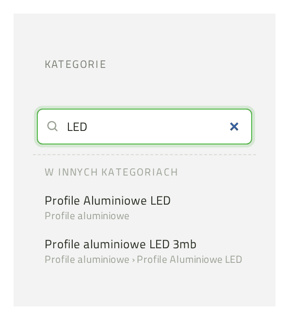 Menu kategorii na stronie frezarek CNC z wpisaną frazą LED: pod nagłówkiem w innych kategoriach pojawiają się Profile Aluminiowe LED oraz Profile aluminiowe LED 3mb wraz ze ścieżką dojścia