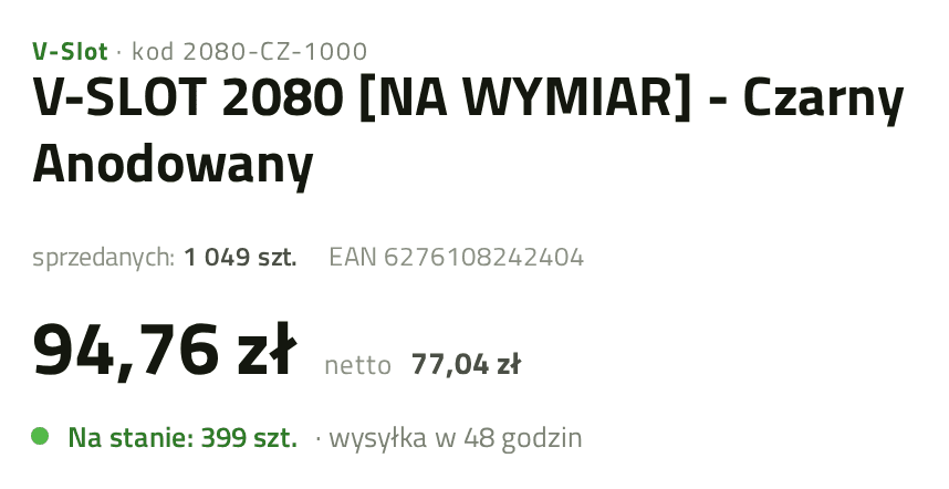 Górna część karty produktu: marka V-Slot i kod nad tytułem, pod tytułem informacja o 1049 sprzedanych sztukach i EAN, cena 94,76 zł z ceną netto obok, na dole zielony napis Na stanie: 399 sztuk z terminem wysyłki w 48 godzin