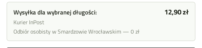 Ramka na karcie produktu: Wysyłka dla wybranej długości 12,90 zł kurierem InPost, z informacją o darmowym odbiorze osobistym