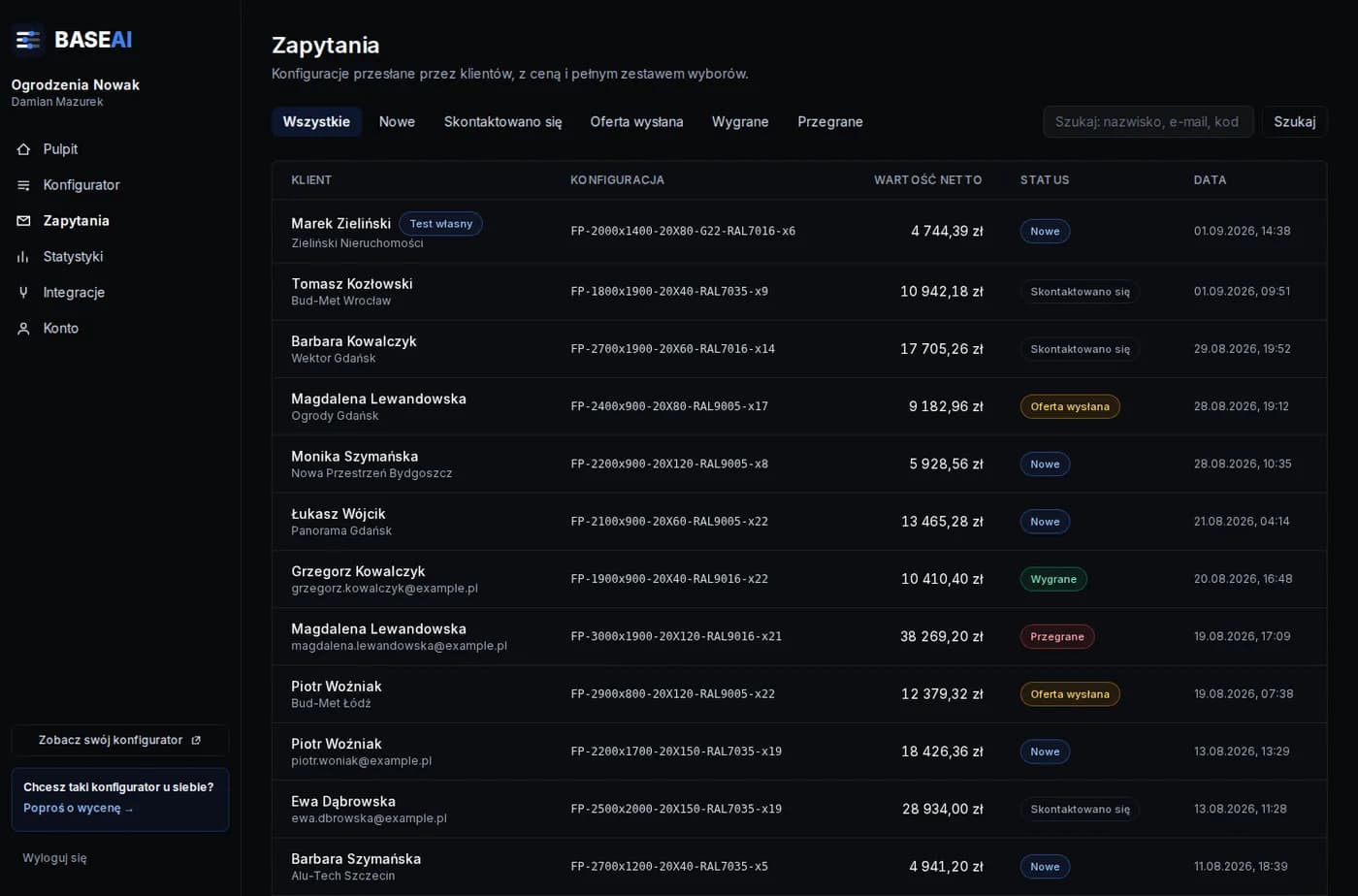 Lista zapytań z konfiguratora z danymi kontaktowymi, wyceną i statusem