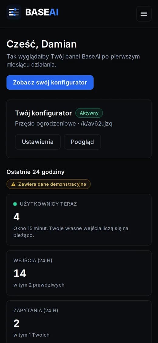 Pulpit panelu BaseAI na ekranie telefonu