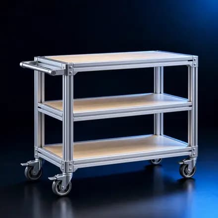 Trzypółkowy wózek warsztatowy z profili aluminiowych na kołach z hamulcem