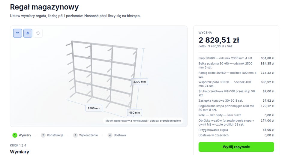 Konfigurator regału magazynowego z profili aluminiowych V-SLOT — podgląd 3D, nośność półek i wycena