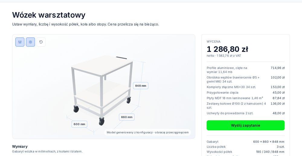 Konfigurator wózka warsztatowego z profili aluminiowych V-SLOT — podgląd 3D i wycena na żywo